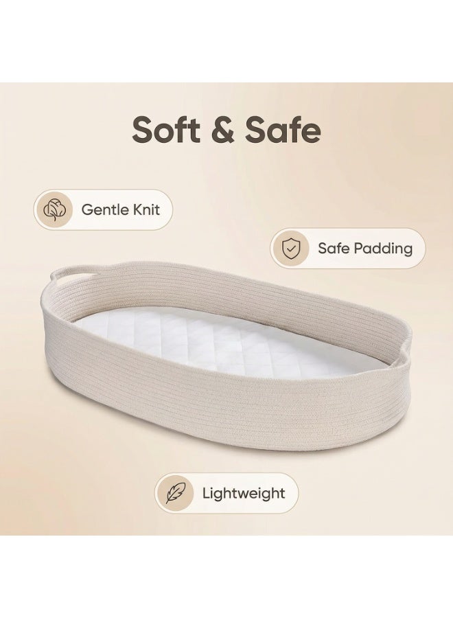 Baby Changing Basket with Removable Mattress, Handmade Woven 100% Cotton Rope Nursery Boho Moses Basket, Baby Shower Bassinet Changing Table Topper, 75x41x14CM (White) - Image 2